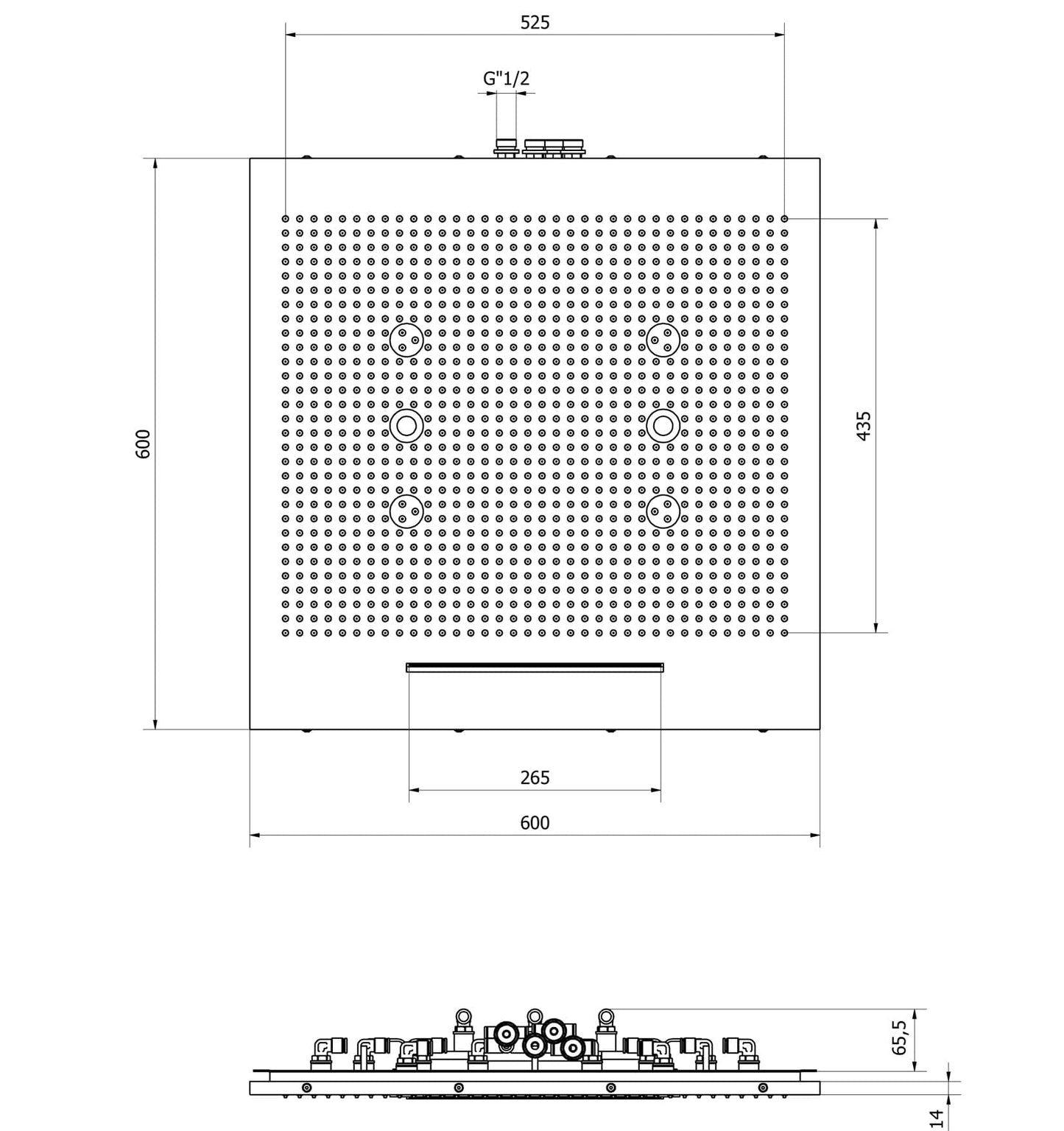 IB Rubinetti AQUARIVA Soffione Doccia Quadrato Da Semi Incasso A Soffitto Con Getto A Pioggia Cascata Nebulizzazione E Cromoterapia 600x600 mm Stile Moderno Materiale Ottone Finitura Cromata