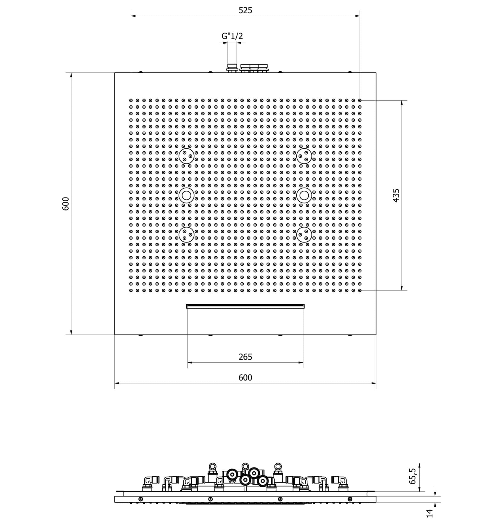 IB Rubinetti AQUARIVA Soffione Doccia Quadrato Da Semi Incasso A Soffitto Con Getto A Pioggia Cascata Nebulizzazione E Cromoterapia 600x600 mm Stile Moderno Materiale Ottone Finitura Cromata