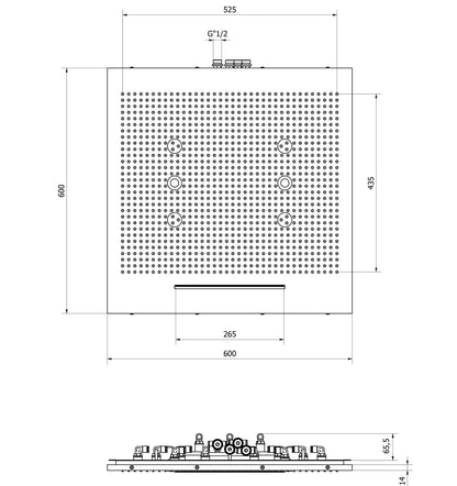 IB Rubinetti AQUARIVA Soffione Doccia Quadrato Da Semi Incasso A Soffitto Con Getto A Pioggia Cascata Nebulizzazione E Cromoterapia 600x600 mm Stile Moderno Materiale Ottone Finitura Cromata