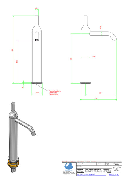 Miscelatore lavabo alto completo di piletta di scarico Click-Clack marca IB rubinetti modello Batlò rubinetteria rubinetto ottone cromato bagno