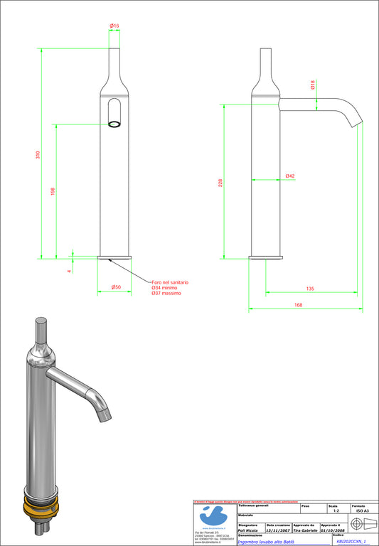 Miscelatore lavabo alto completo di piletta di scarico Click-Clack marca IB rubinetti modello Batlò rubinetteria rubinetto ottone cromato bagno