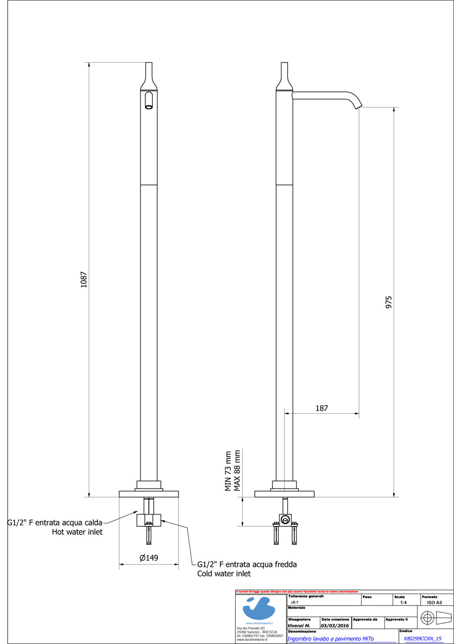 Miscelatore lavabo a colonna da terra marca IB rubinetti modello Batlò rubinetteria ottone cromato bagno pavimento