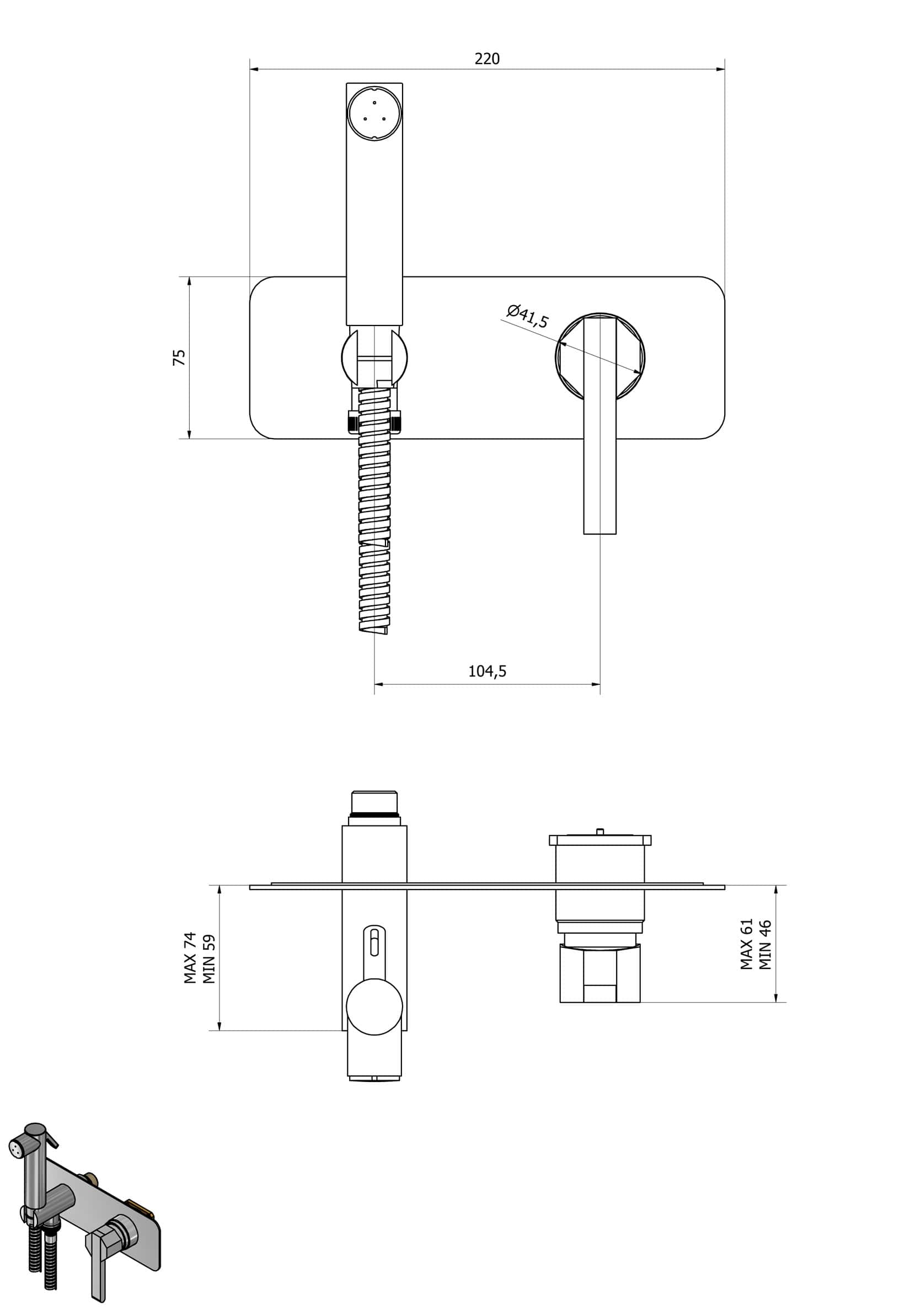 IB Rubinetti BELMONDO Set Di Parti Esterne e Corpo ad Incasso A Muro Con Piastra Per Idroscopino Igienico Con Miscelatore Per WC Materiale Ottone Finitura Cromata