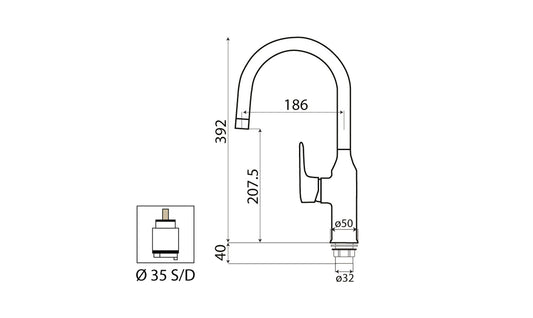 Miscelatore Lavello Canna Snodata Alta Duemmeggi Beta Installazione Appoggio Monoforo 1 Foro 1 Leva Monocomando Manopola Stile Moderno Materiale Ottone Finitura Cromata Made in Italy Garanzia 5 Anni