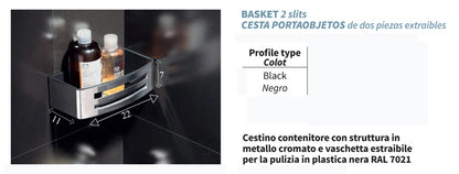 Novellini Cestino Contenitore Porta Oggetti Sganciabile Bagno Metallo Cromato Struttura Acciaio Inossidabile Vaschetta Removibile Interna Plastica Nero 22x7x11 cm