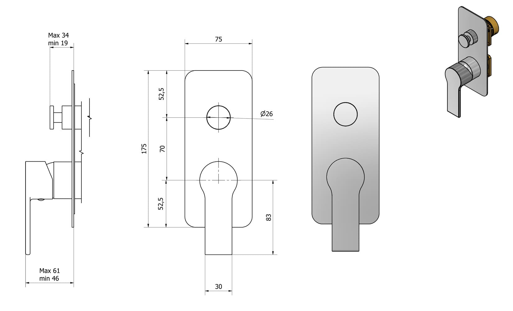 IB Rubinetti WHYNOT? Miscelatore Doccia Meccanico Parte Esterna e Parte Interna Installazione Incasso A Parete 2 Fori Con Deviatore A 2 Vie Monocomando Con Piastra Stile Moderno Materiale Ottone Finitura Cromata