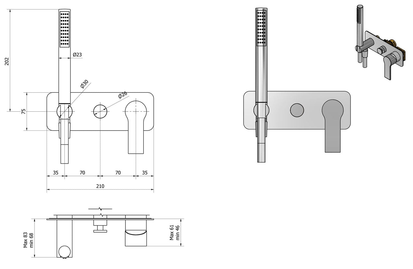 IB Rubinetti WHYNOT? Miscelatore Doccia Meccanico Parte Interna e Esterna Installazione Incasso A Parete 3 Fori A 2 Vie Monocomando Con Piastra E Doccetta Stile Moderno Materiale Ottone Finitura Cromata