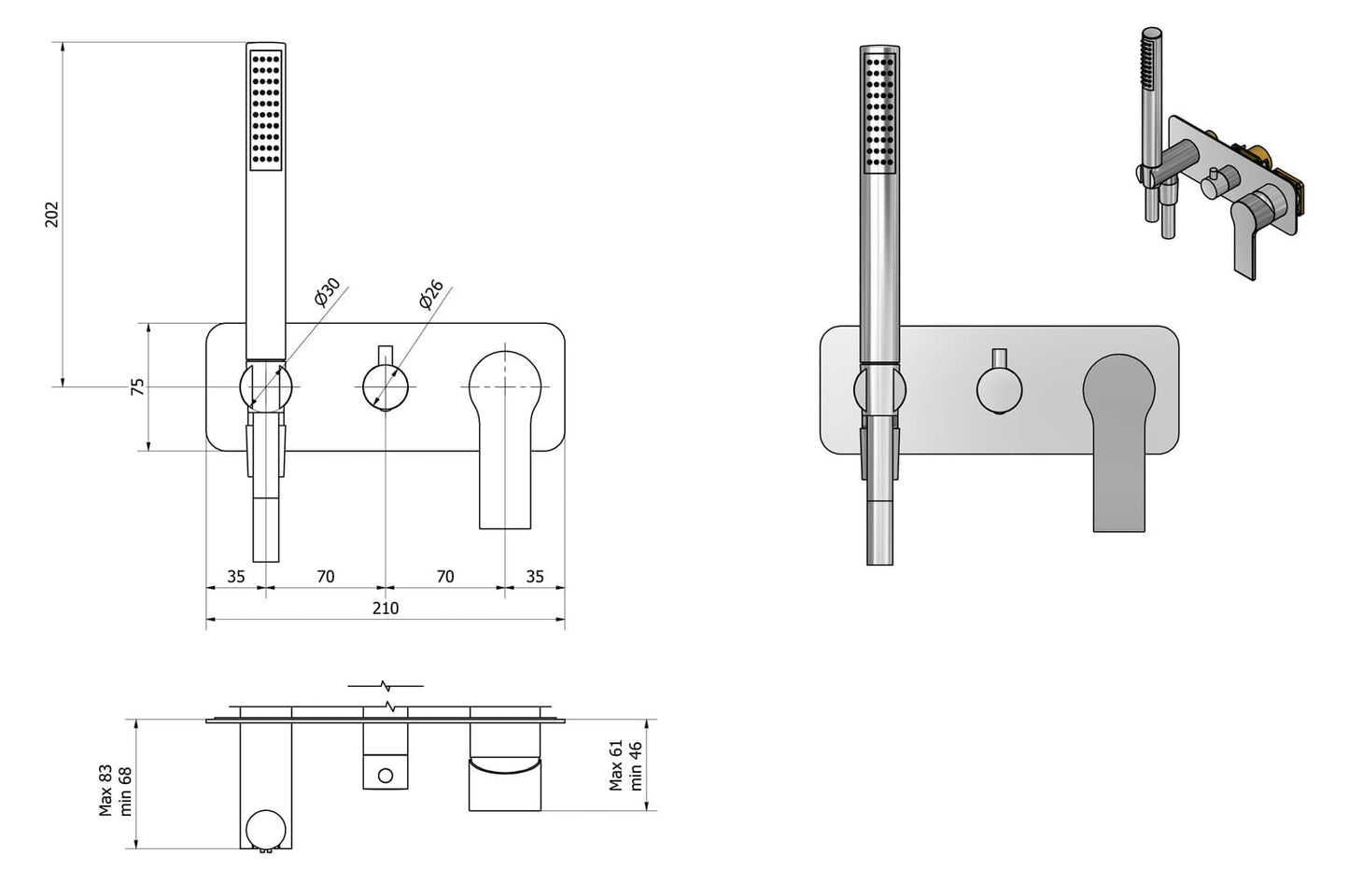 IB Rubinetti WHYNOT? Miscelatore Doccia Meccanico Parte Esterna e Interna Installazione Incasso A Parete 3 Fori A 3 Vie Monocomando Con Piastra E Doccetta Stile Moderno Materiale Ottone Finitura Cromata