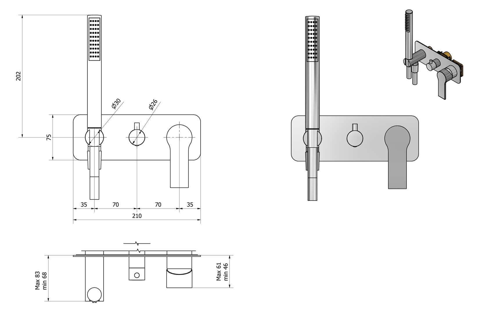 IB Rubinetti WHYNOT? Miscelatore Doccia Meccanico Parte Esterna e Interna Installazione Incasso A Parete 3 Fori A 3 Vie Monocomando Con Piastra E Doccetta Stile Moderno Materiale Ottone Finitura Cromata