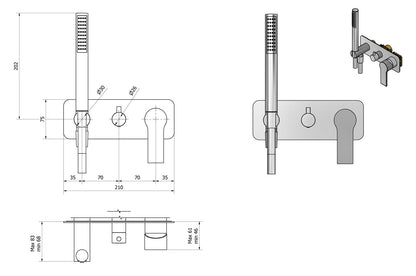 IB Rubinetti WHYNOT? Miscelatore Doccia Meccanico Parte Esterna e Interna Installazione Incasso A Parete 3 Fori A 3 Vie Monocomando Con Piastra E Doccetta Stile Moderno Materiale Ottone Finitura Cromata