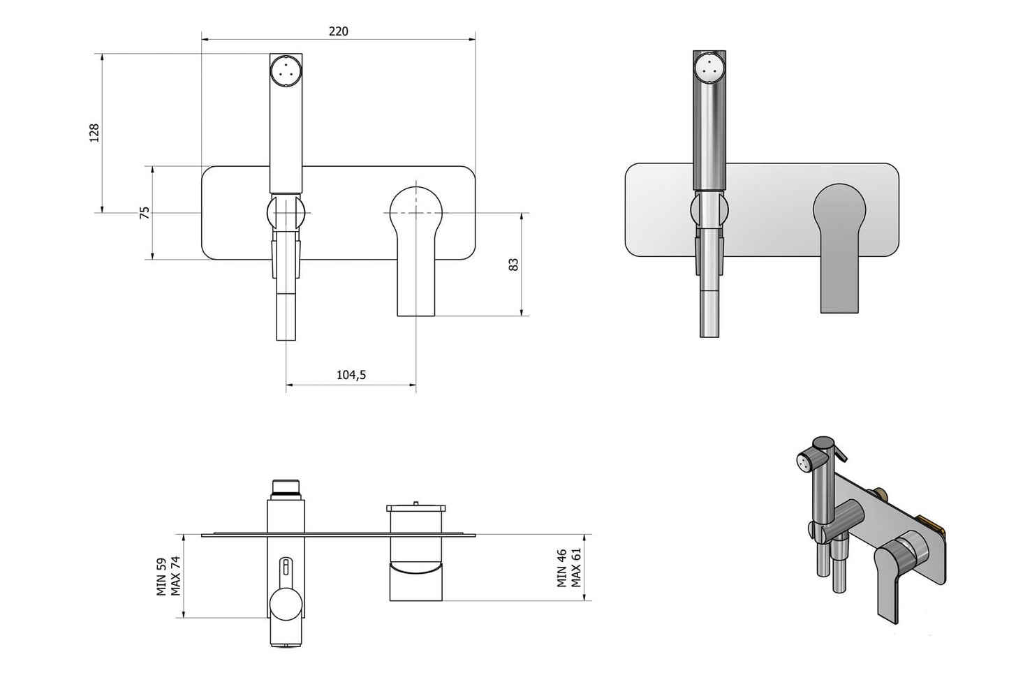 IB Rubinetti WHYNOT? Set Di Parti Esterne ed Interne Installazione Incasso A Muro Con Piastra Per Idroscopino Igienico Con Miscelatore Per WC Materiale Ottone Finitura Cromata