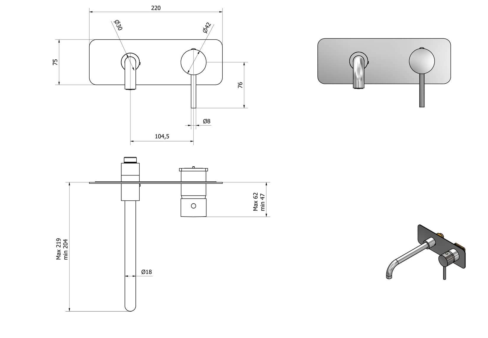 Miscelatore Lavabo Incasso Parete IB Rubinetti Industria Completo Di Piletta Di Scarico Click-Clack Materiale Ottone Finitura Cromata