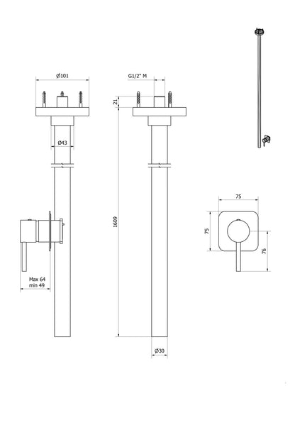 IB Rubinetti Industria Miscelatore Lavabo 2 Fori A Soffitto Senza Piletta Di Scarico 1 Leva Comando Remoto Con Piastra Stile Moderno Lunghezza 1609 mm Materiale Ottone Finitura Cromata