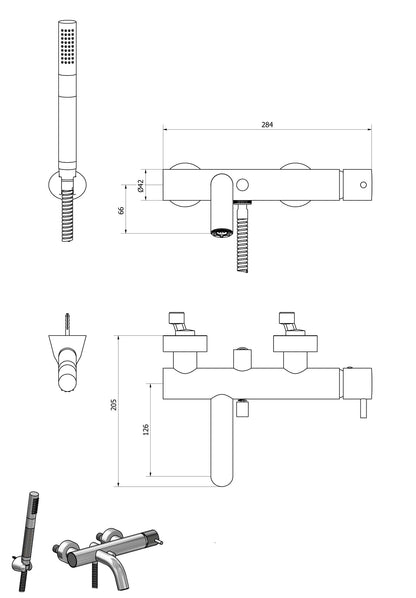 IB Rubinetti Industria Miscelatore Bordo Vasca Esterno A Parete Completo Di Kit Doccia E Doccetta 3 Fori Monocomando Senza Piastra Stile Moderno Materiale Ottone Finitura Cromata