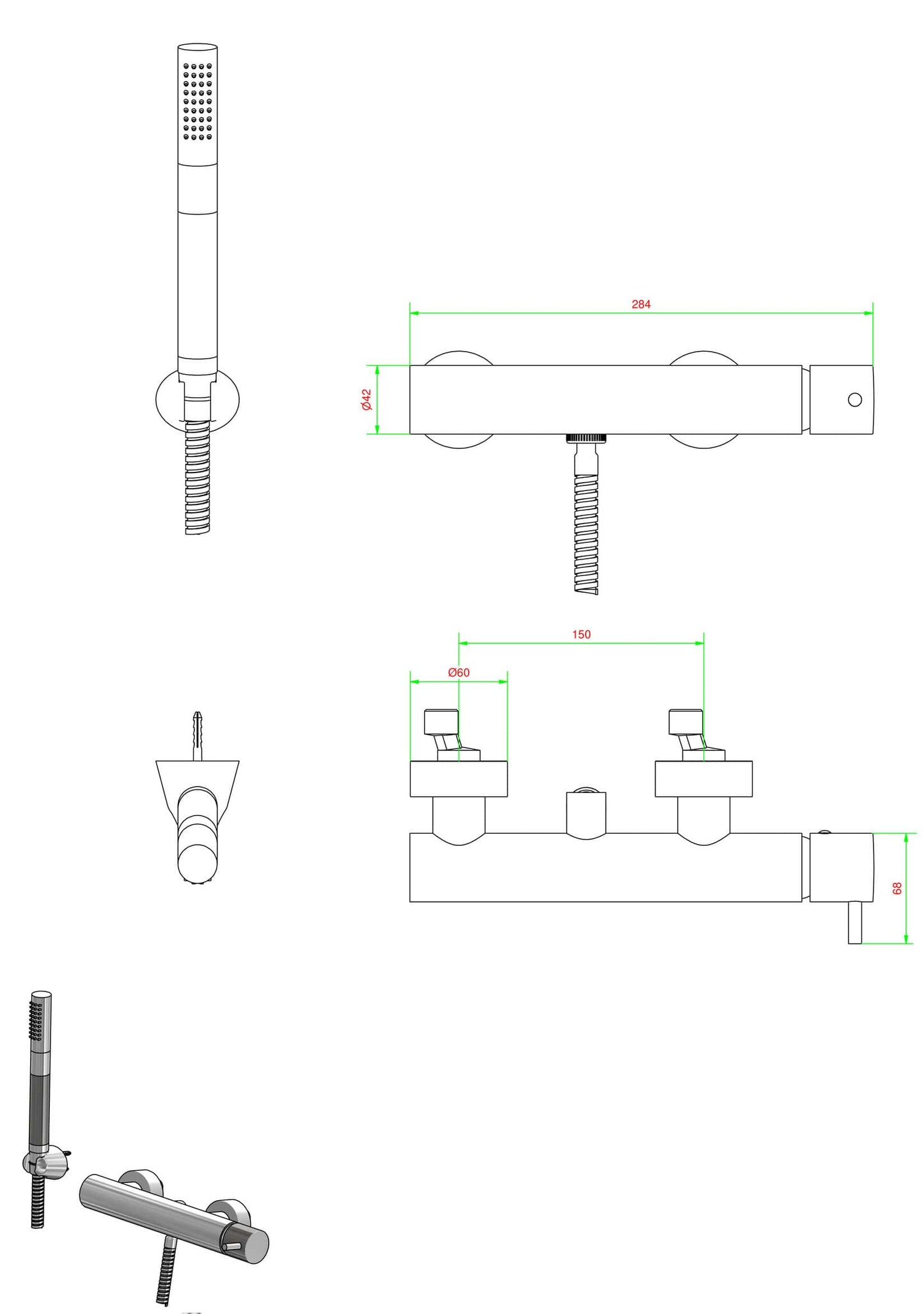 IB Rubinetti Industria Doccia Esterno A Parete Completo Di Kit Doccia E Doccetta 3 Fori 1 Via Miscelatore Meccanico Senza Piastra Monocomando Stile Moderno Materiale Ottone Finitura Cromata
