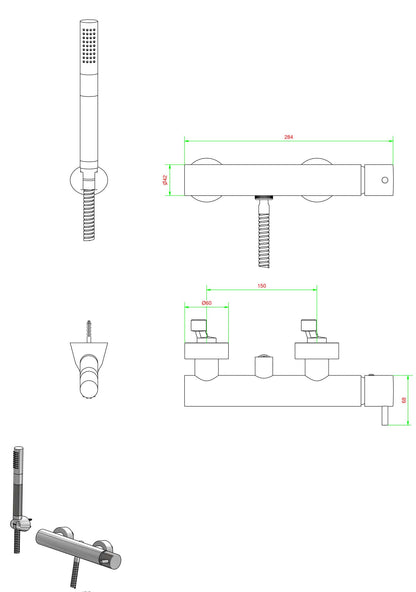 IB Rubinetti Industria Doccia Esterno A Parete Completo Di Kit Doccia E Doccetta 3 Fori 1 Via Miscelatore Meccanico Senza Piastra Monocomando Stile Moderno Materiale Ottone Finitura Cromata
