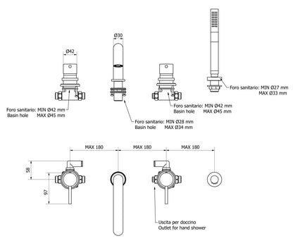 Miscelatore Bordo Vasca Da Appoggio Quattro Fori IB Rubinetti Industria Con Kit Doccia Materiale Ottone Finitura Cromata