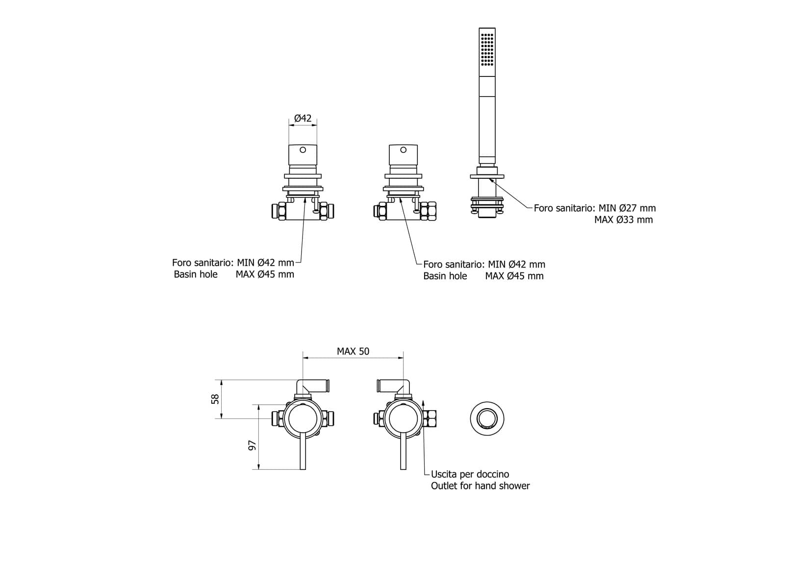 IB Rubinetti Industria Bordo Vasca Appoggio Tre Fori Per Colonna Riempimento Con Deviatore E Kit Doccia E Doccetta Monocomando Senza Piastra Stile Moderno Materiale Ottone Finitura Cromata