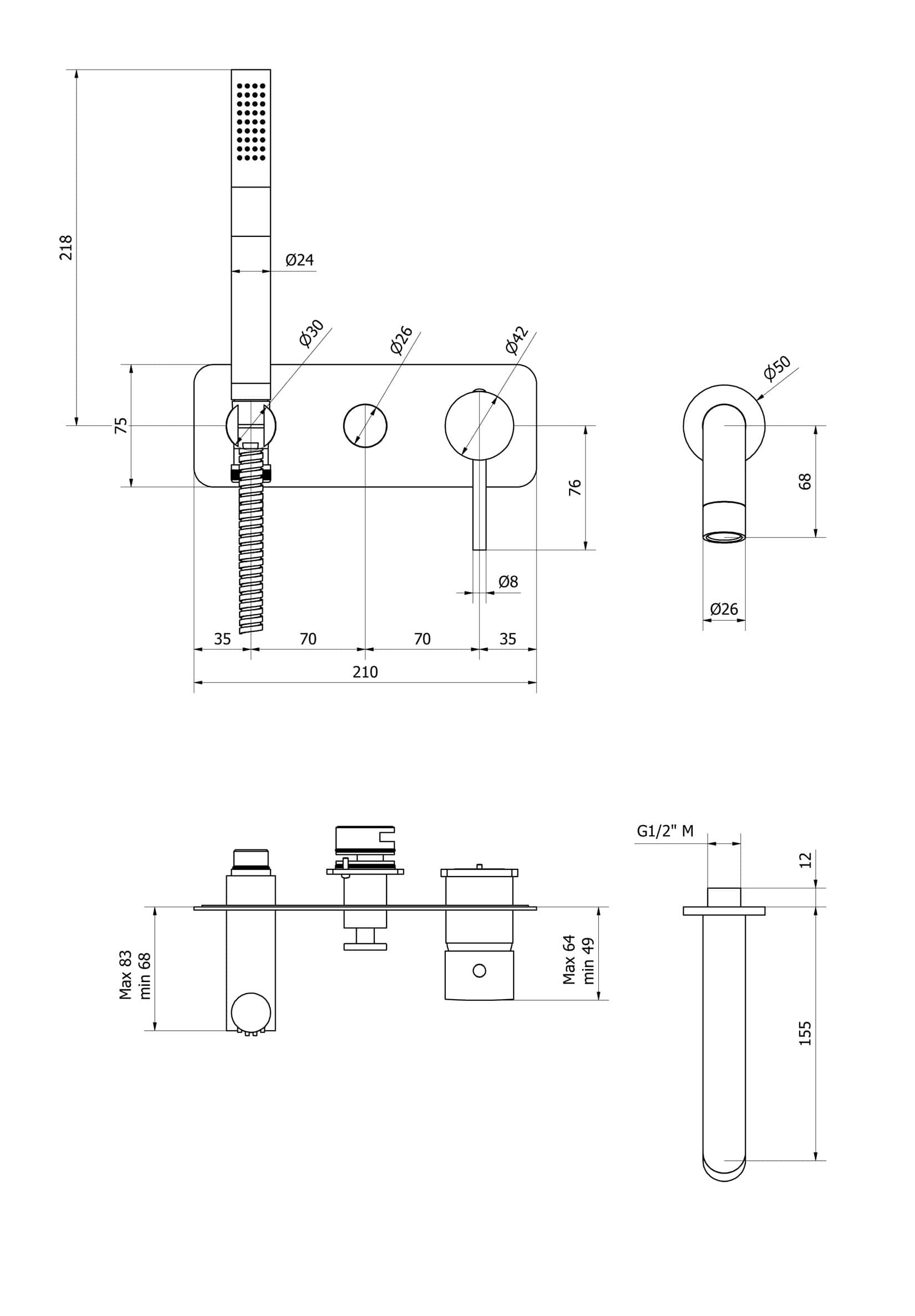 IB Rubinetti Industria Miscelatore Doccia A Parete 4 Fori 2 Vie Meccanico Incasso Monocomando Con Piastra Stile Moderno Con Bocca D'Erogazione Materiale Ottone Finitura Cromata