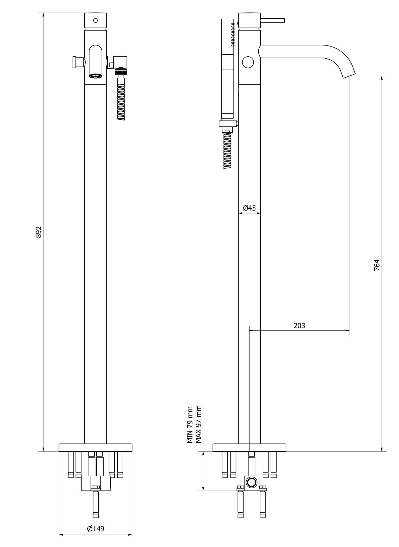 Miscelatore Bordo Vasca Da Terra Completo Di Kit Doccia IB Rubinetti Industria Materiale Ottone Finitura Cromata
