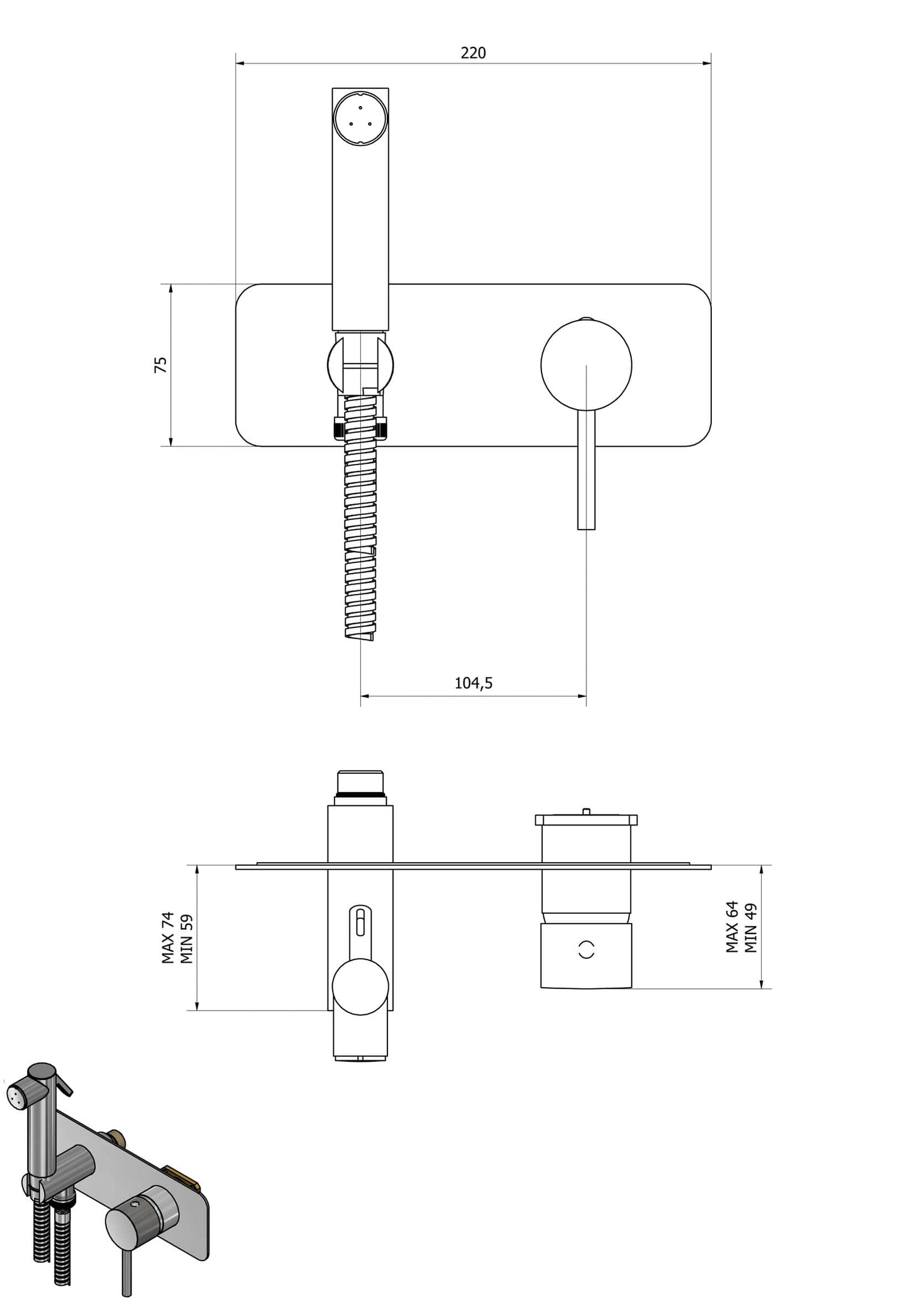 IB Rubinetti Industria Set Di Parti Esterne e Corpo ad Incasso A Muro Con Piastra Per Idroscopino Igienico Con Miscelatore Per WC Materiale Ottone Finitura Cromata