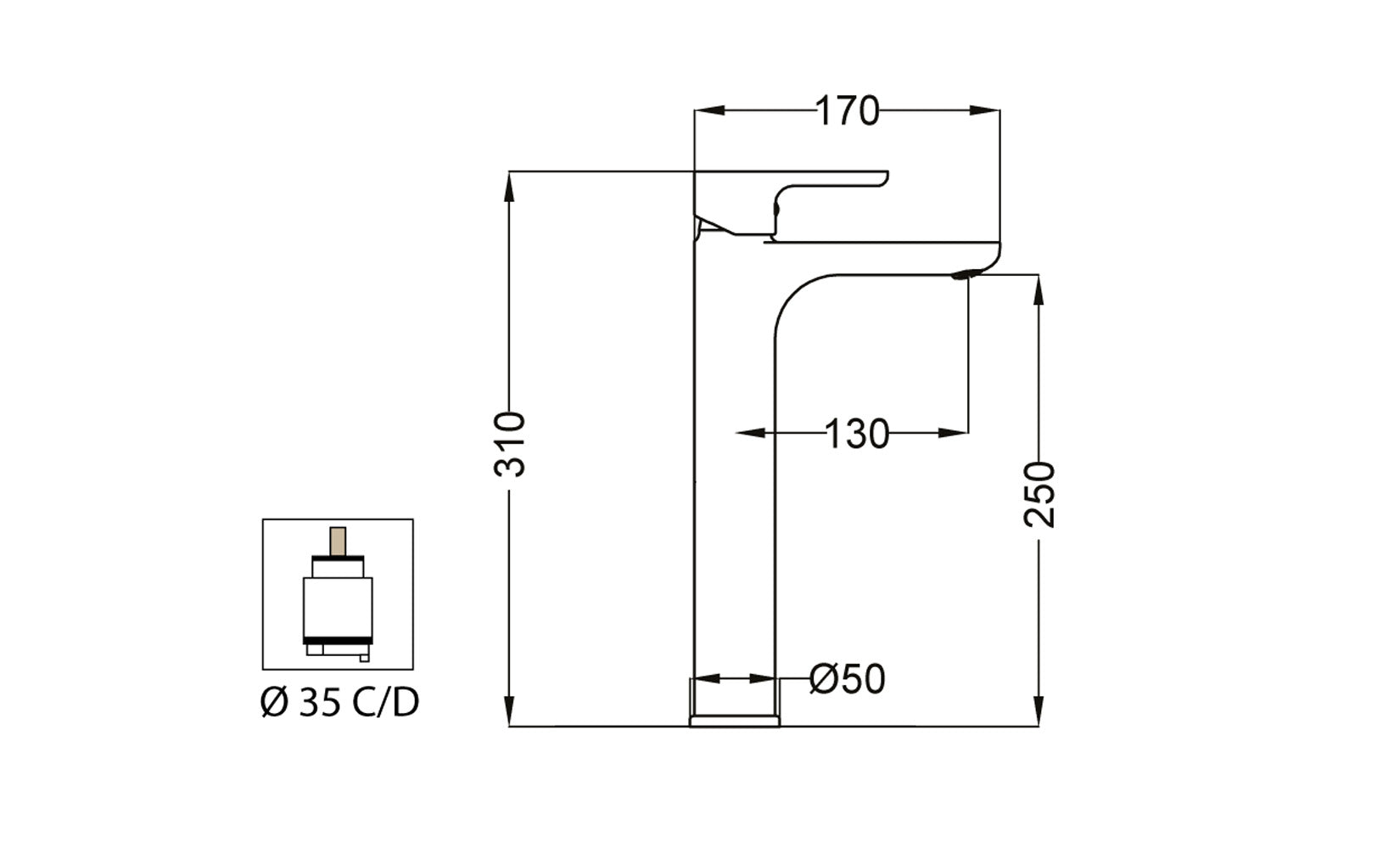 Miscelatore Lavabo Alto Senza Scarico Duemmeggi Sky Ottone Finitura Cromata Lunghezza 170 mm Altezza 310 mm Made in Italy Garanzia 5 Anni