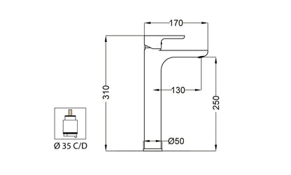 Miscelatore Lavabo Alto Senza Scarico Duemmeggi Sky Ottone Finitura Cromata Lunghezza 170 mm Altezza 310 mm Made in Italy Garanzia 5 Anni