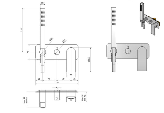 Miscelatore doccia incasso tre vie con kit doccia integrato nella placca marca IB rubinetti modello K3 rubinetteria rubinetto ottone cromato bagno casa parete fontana finitura cromo rivenditore autorizzato campania arredamento garanzia 10 anni azienda