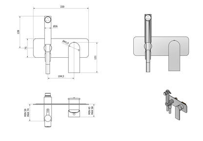 IB Rubinetti K3 Set Di Parti Esterne e Corpo ad Incasso A Muro Con Piastra Per Idroscopino Igienico Con Miscelatore Per WC Materiale Ottone Finitura Cromata
