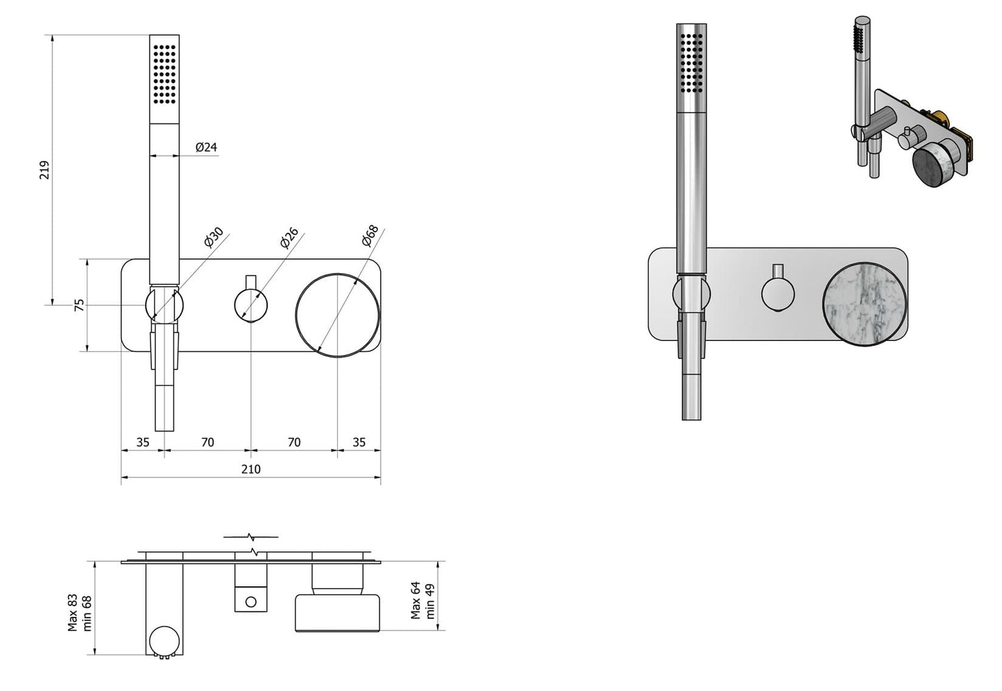 Miscelatore doccia incasso tre vie con kit doccia integrato nella placca con marmo bianco Carrara marca IB rubinetti modello Marmo rubinetteria rubinetto ottone cromato bagno fontana finitura cromo rivenditore autorizzato campania arredamento qualità