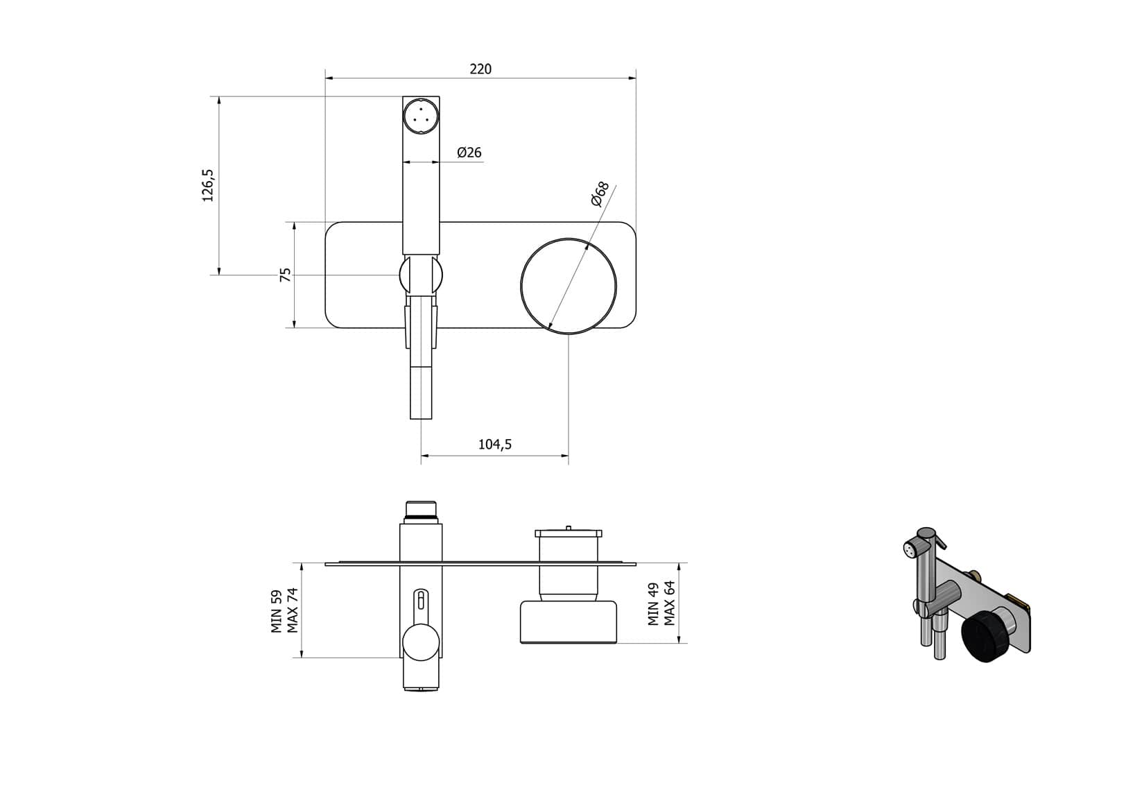IB Rubinetti Marmo Nero Set Di Parti Esterne Incasso A Muro Con Piastra Per Idroscopino Igienico Con Miscelatore Per WC Materiale Ottone Finitura Cromata
