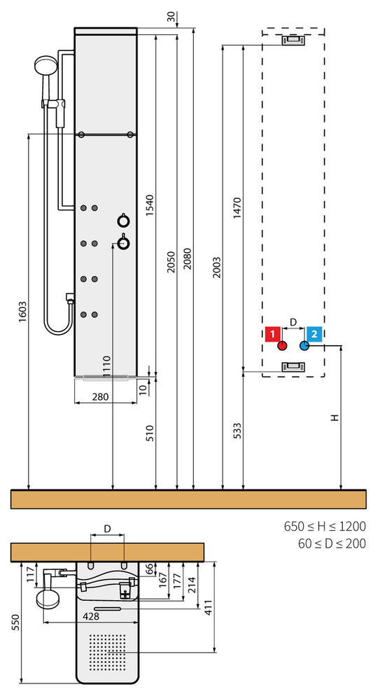 Colonna Doccia Novellini Dress S Idromassaggio Verticale Dorsale Attrezzata Miscelatore Termostatico Colore Nero Ripiano Porta Oggetti Doccetta Mano Cascata Soffione Pioggia 20x20 cm Installabile Parete Misura 28x55xH158 cm