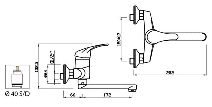 Miscelatore Lavello Cucina Lavatoio Installazione A Parete Muro Duemmeggi Premiere 2 Fori 1 Leva Manopola Monocomando Stile Classico Materiale Ottone Finitura Cromata Made in Italy Garanzia 5 Anni
