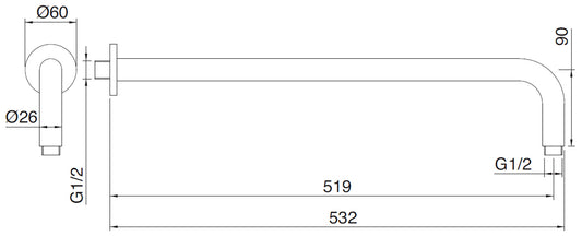 Rubinetterie Treemme SHOWERS & THERMOSTATICS Braccio Doccia A Parete 519 mm Per Soffione Materiale Ottone Finitura Cromata