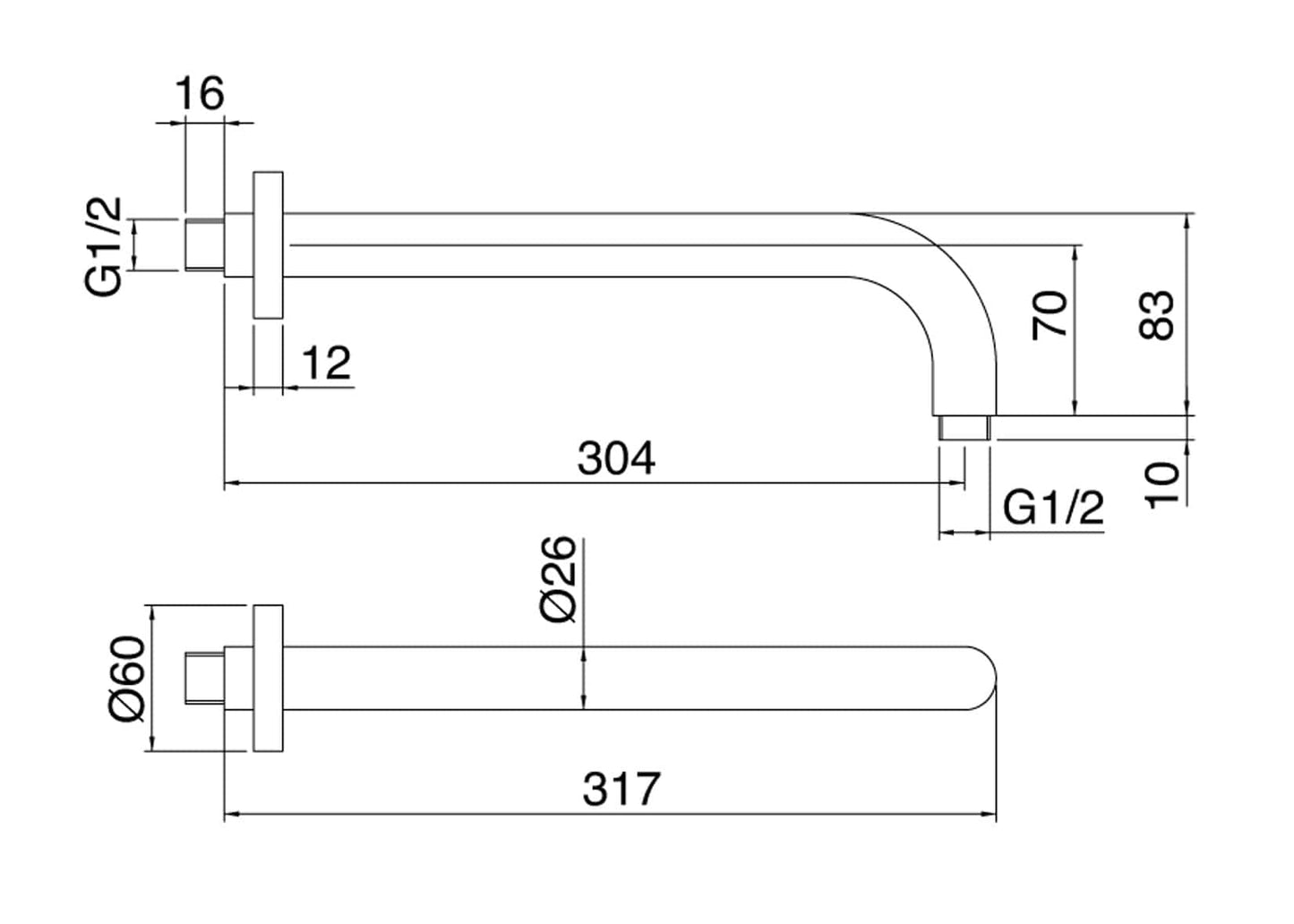 Rubinetterie Treemme SHOWERS Braccio Tondo Per Soffione Doccia Presa Tonda A Parete 300 mm Materiale Acciaio Finitura Acciaio Spazzolato Opaco Inox
