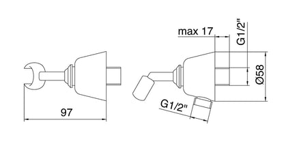 Rubinetterie Treemme 3M Retrò IT RTGA 102 CC Presa Acqua A Muro Con Gancio Snodato Tonda per Doccetta A Mano Materiale Ottone Finitura Cromata