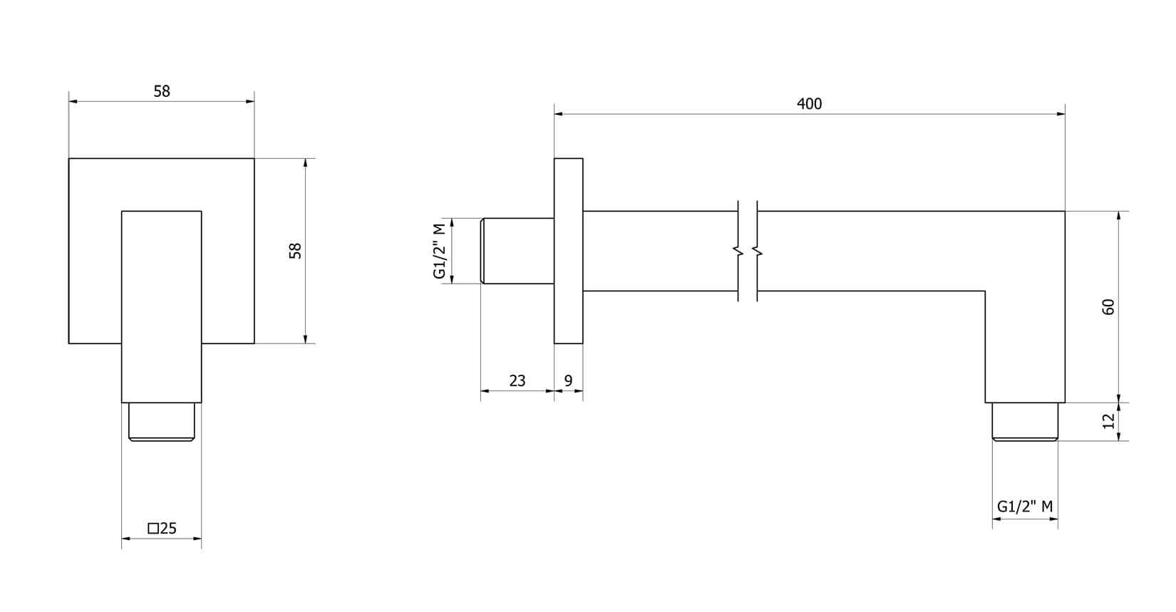 IB Rubinetti Shower Heads Braccio Per Soffione Quadro Con Presa Quadro In Ottone Installazione A Parete Lunghezza 400 mm Stile Moderno Materiale Ottone Finitura Cromata