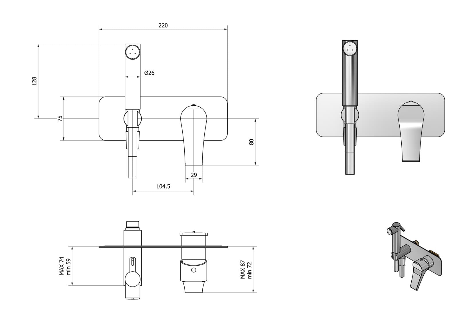 IB Rubinetti TWITTER Set Di Parti Esterne e Corpo ad Incasso A Muro Con Piastra Per Idroscopino Igienico Con Miscelatore Per WC Materiale Ottone Finitura Cromata