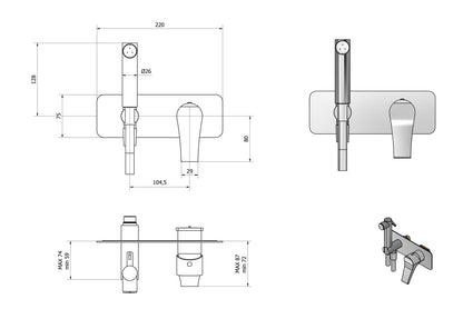 IB Rubinetti TWITTER Set Di Parti Esterne e Corpo ad Incasso A Muro Con Piastra Per Idroscopino Igienico Con Miscelatore Per WC Materiale Ottone Finitura Cromata