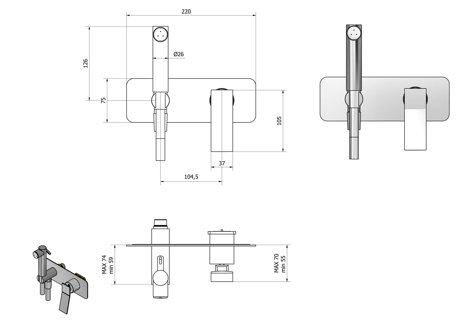 IB Rubinetti WAVE Set Di Parti Esterne e Corpo ad Incasso A Muro Con Piastra Per Idroscopino Igienico Con Miscelatore Per WC Materiale Ottone Finitura Cromata
