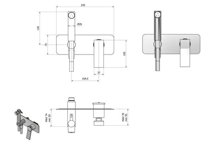IB Rubinetti WAVE Set Di Parti Esterne e Corpo ad Incasso A Muro Con Piastra Per Idroscopino Igienico Con Miscelatore Per WC Materiale Ottone Finitura Cromata