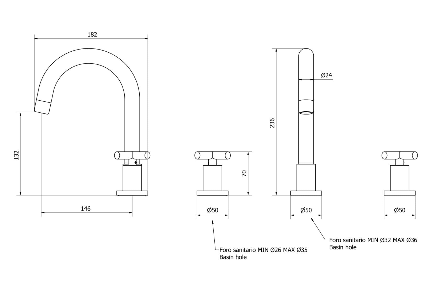 IB Rubinetti WOW Miscelatore Lavabo Bocca Alta Appoggio 3 Fori Con Piletta Di Scarico Click - Clack 2 Leve Lunghezza 236 mm Senza Piastra Stile Moderno Materiale Ottone Finitura Cromata