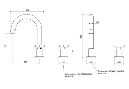 IB Rubinetti WOW Miscelatore Lavabo Bocca Alta Appoggio 3 Fori Con Piletta Di Scarico Click - Clack 2 Leve Lunghezza 236 mm Senza Piastra Stile Moderno Materiale Ottone Finitura Cromata