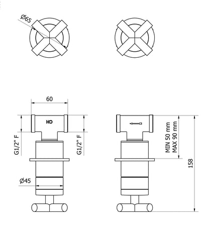 IB Rubinetti WOW Miscelatore Doccia Incasso A Parete 2 Fori 1 Via Miscelatore Meccanico 2 Leve Senza Piastra Stile Moderno Materiale Ottone Finitura Cromata