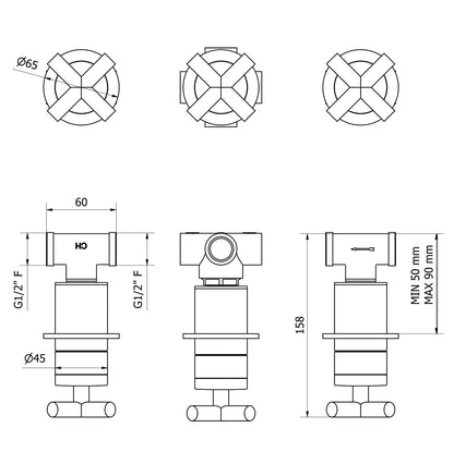 IB Rubinetti WOW Miscelatore Doccia Incasso A Parete 3 Fori 2 Vie Miscelatore Meccanico 2 Leve Senza Piastra Stile Moderno Materiale Ottone Finitura Cromata