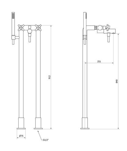 IB Rubinetti WOW Miscelatore Bordo Vasca A Pavimento Con Doccetta 2 Fori 2 Leve Senza Piastra Stile Moderno Materiale Ottone Finitura Cromata