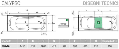 Novellini Calypso Vasca da Bagno Versione Standard da Incasso Misura 150x70 Guscio Tradizionale da Rivestire Materiale Acrilico Finitura Bianco Lucido Installazione Reversibile Destra Sinistra Nicchia Forma Esterna Rettangolare Interna ad Otto