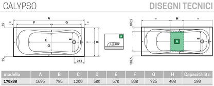 Novellini Calypso Vasca da Bagno Versione Standard da Incasso Misura 170x80 Guscio Tradizionale da Rivestire Materiale Acrilico Finitura Bianco Lucido Installazione Reversibile Destra Sinistra Nicchia Forma Esterna Rettangolare Interna ad Otto