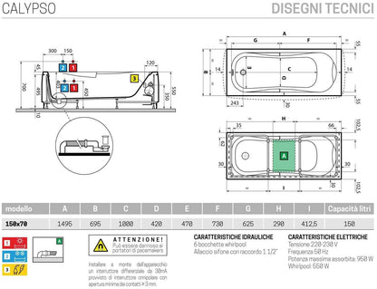 Novellini Calypso Vasca da Bagno Versione Hydro Misura 150x70 H55 cm Idro Whirlpool 6 Getti Installazione Destra Forma Esterna Rettangolare Interna ad Otto 1 Pannello Frontale 2 Laterali Materiale Acrilico Colore Bianco Lucido Colonna Rubinetto Cuscino