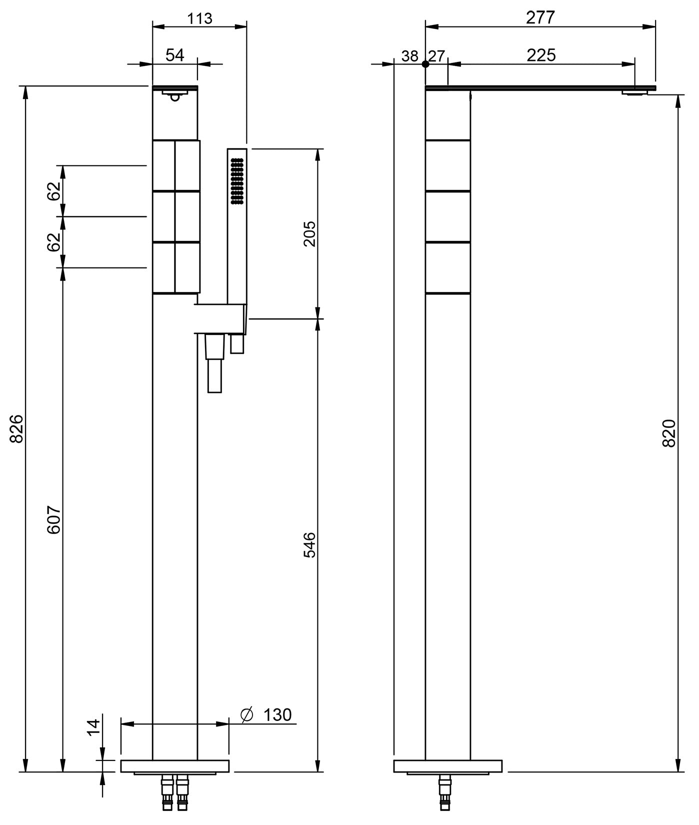 Rubinetterie Treemme 3M 5mm RWIT 2584 IS 50 + RWIT 4A62 ZZ 50 Miscelatore Vasca Da Terra Monoforo Con Piastra E Doccetta In Acciaio Inox 2 Manopole Stile Moderno Materiale Acciaio Finitura Acciaio Spazzolato Parte Interna Esterna Incluse